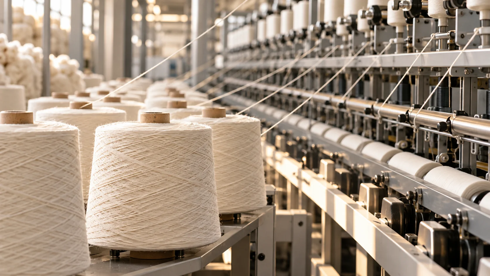 Conceptual image of cotton yarn and spinning equipment