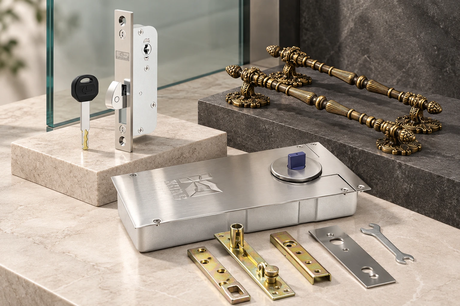 Home Hardware Store sliding door lock, floor hinge and pull handle set