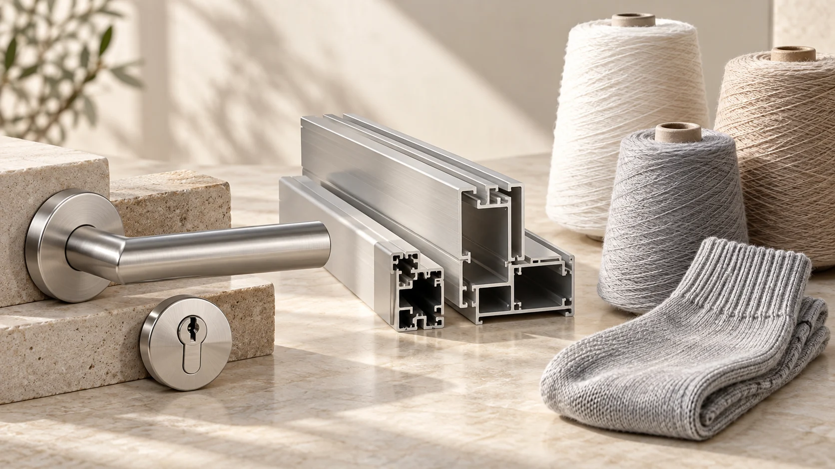 Illustrative collection of architectural hardware, aluminium profiles, cotton yarn and knitwear